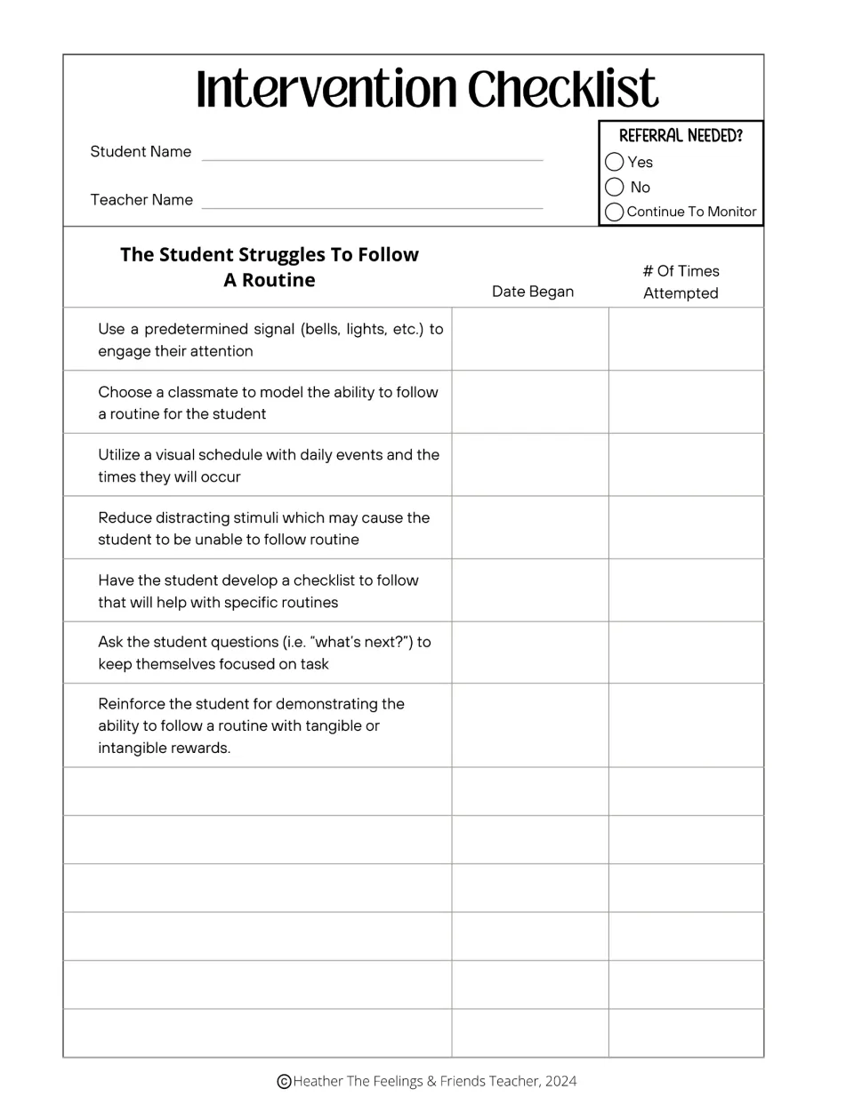 Following a routine: intervention checklist of 7 strategies, like visual schedules and signals, with date and tries logged
