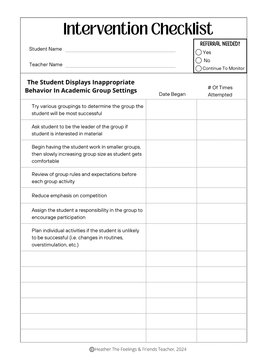 Behavior in academic groups: checklist of 7 strategies, such as group roles and smaller groups, with dates and attempts