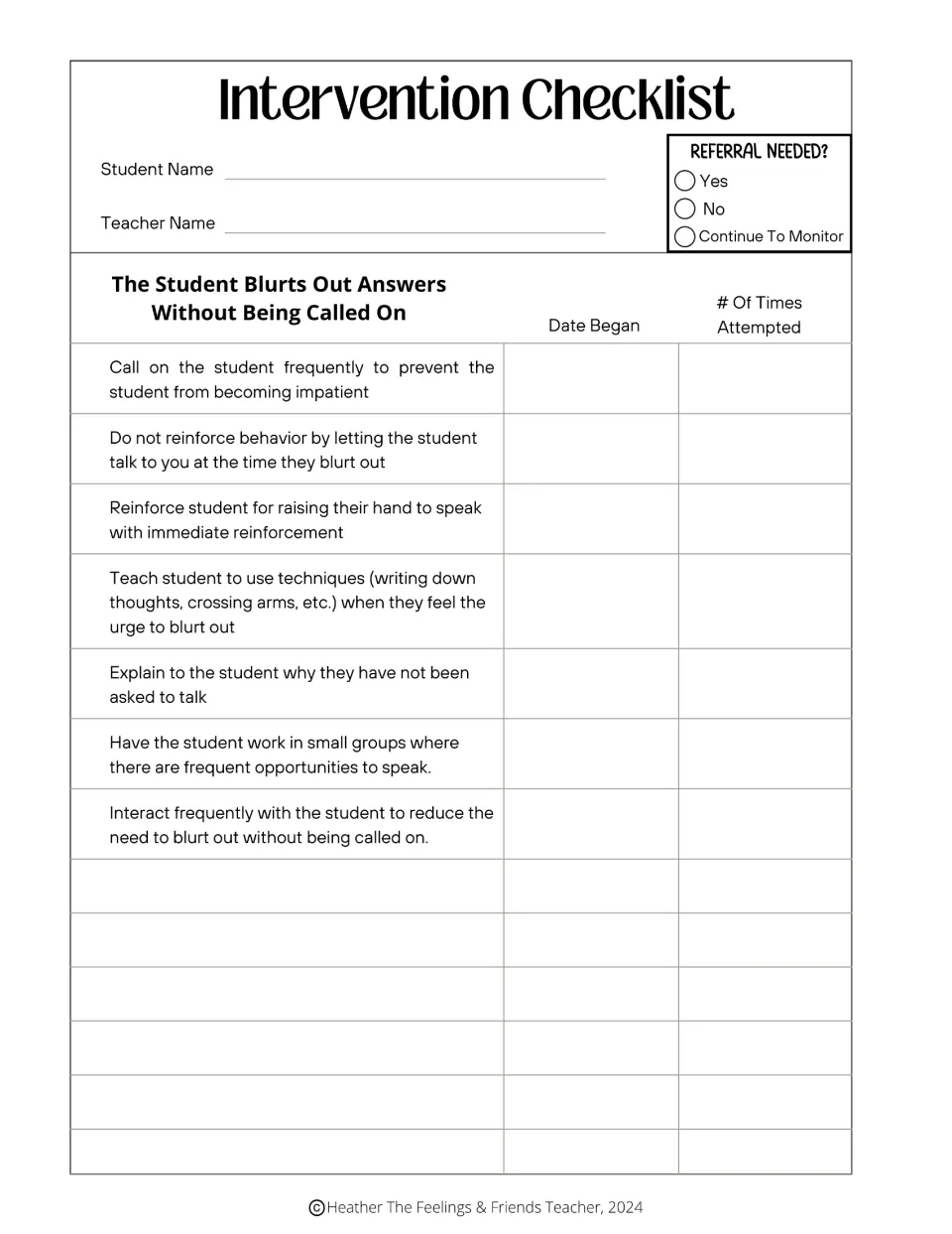 Blurting out answers: checklist of 7 strategies, like reinforcing hand-raising and calling on the student often, to log