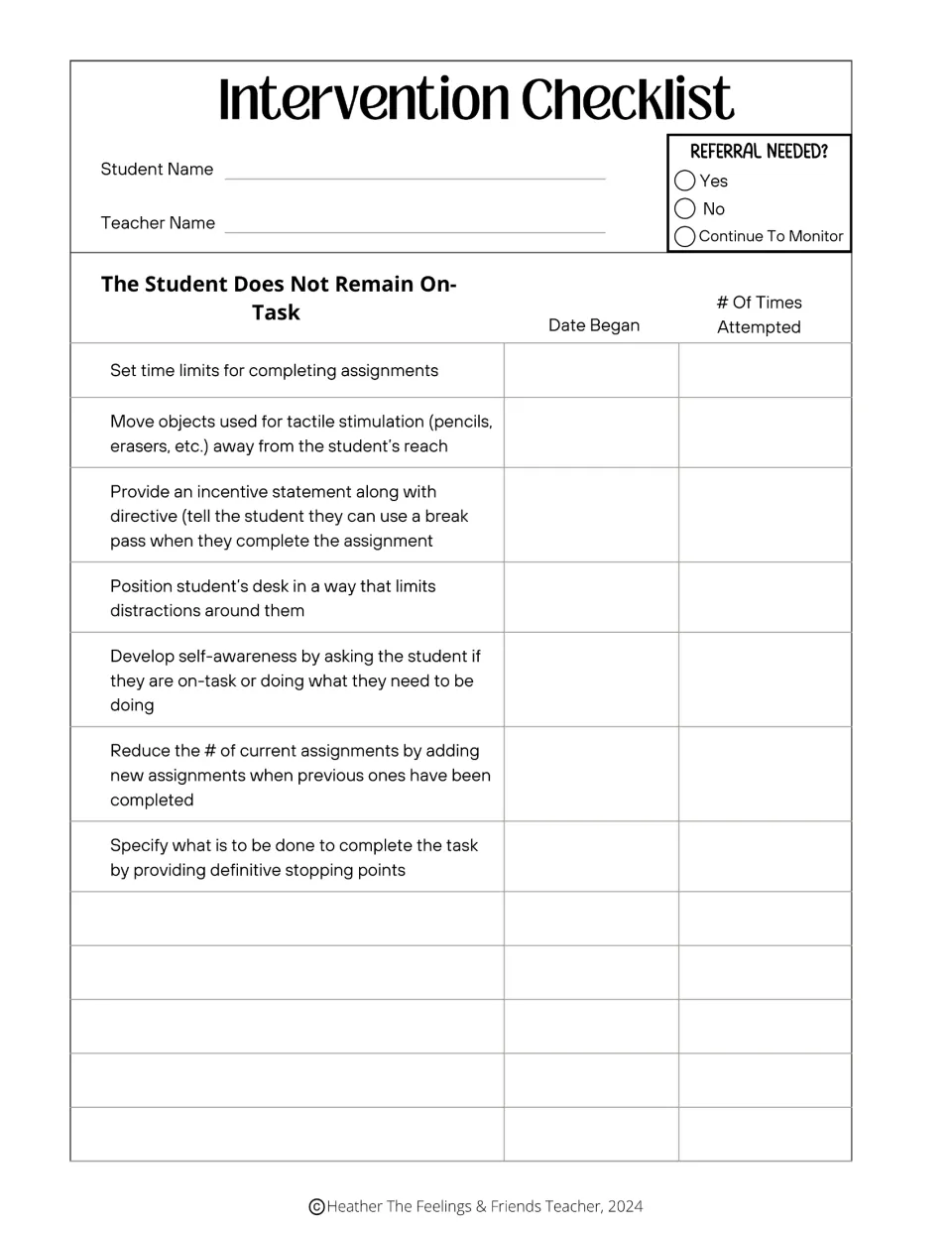 Staying on task: checklist of 7 strategies, such as time limits, desk placement and stopping points, with attempts logged
