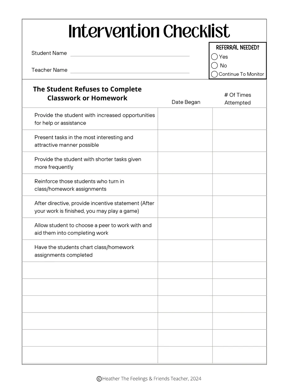 Refusing classwork or homework: checklist of 7 strategies, like shorter tasks and incentive statements, with dates logged
