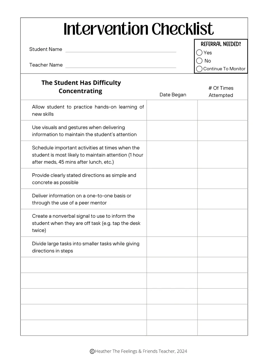 Difficulty concentrating: checklist of 7 strategies, such as visuals, nonverbal signals and smaller tasks, to log