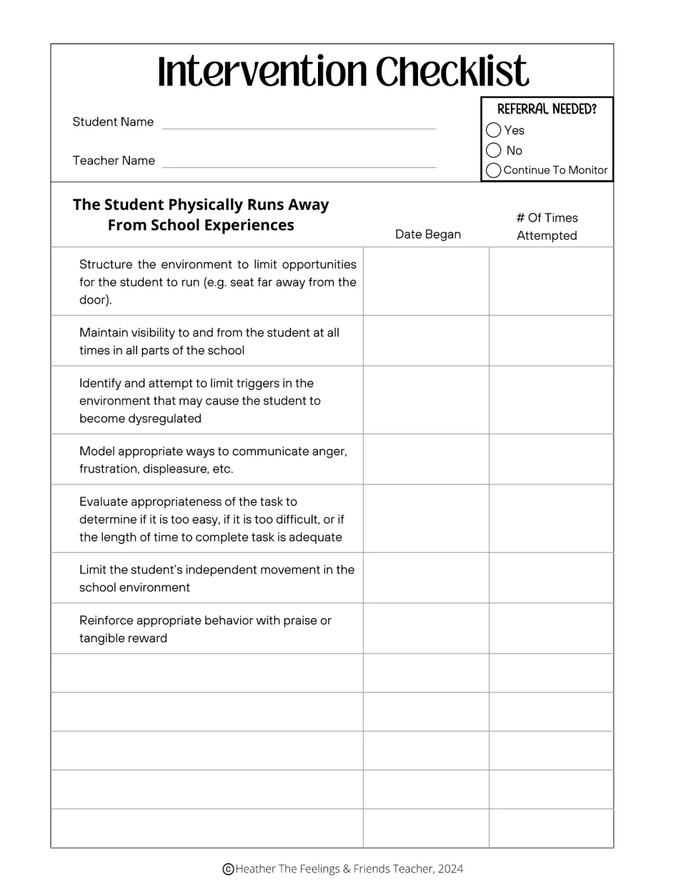 Running away from school: checklist of 7 strategies, like limiting triggers and keeping the student visible, to log