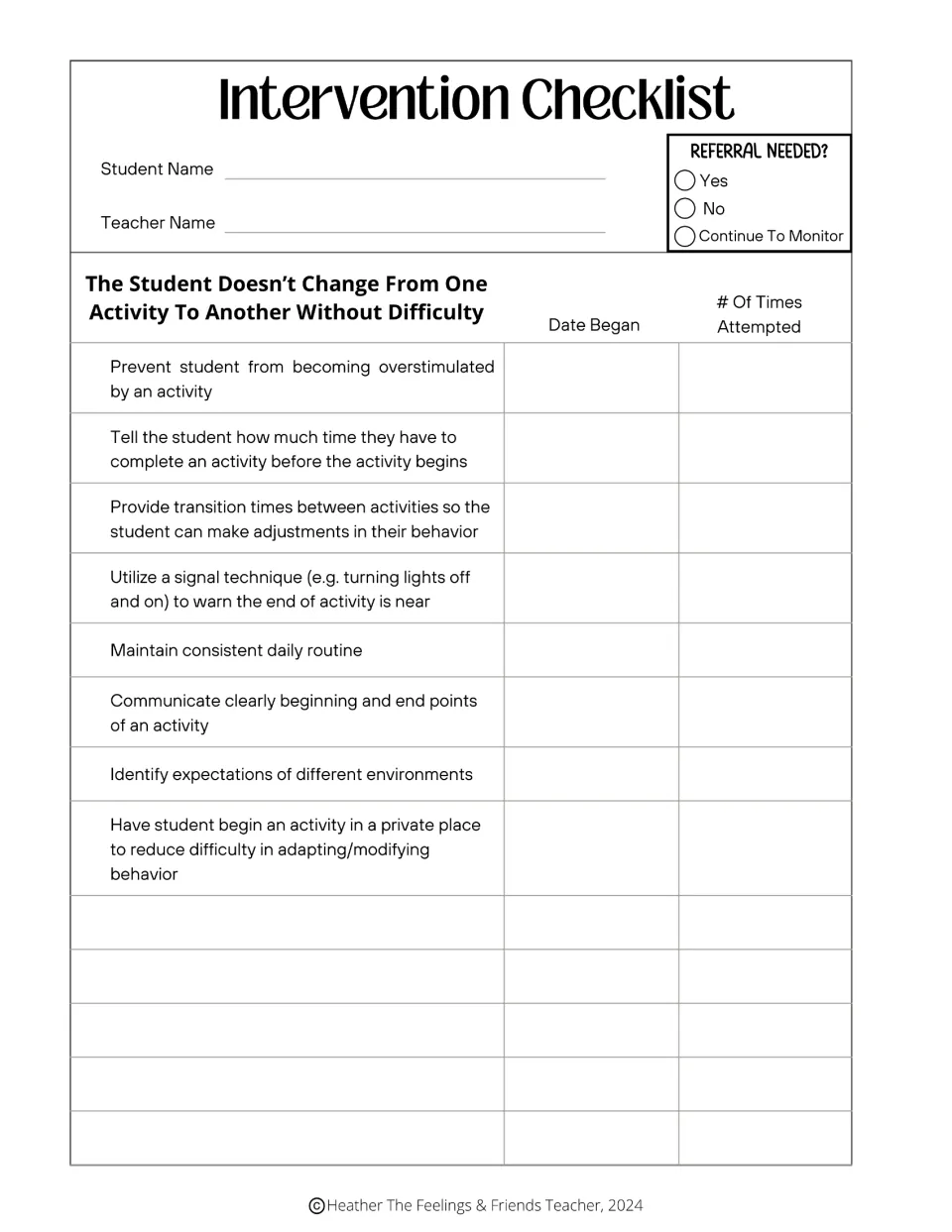 Transitions between activities: checklist of 8 strategies, such as time warnings, light signals and steady routines
