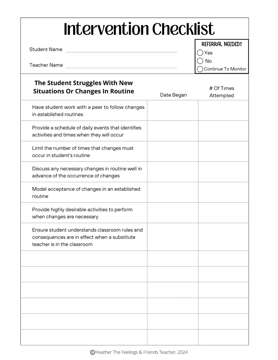 New situations and routine changes: checklist of 7 strategies, like advance notice and peer support, to log