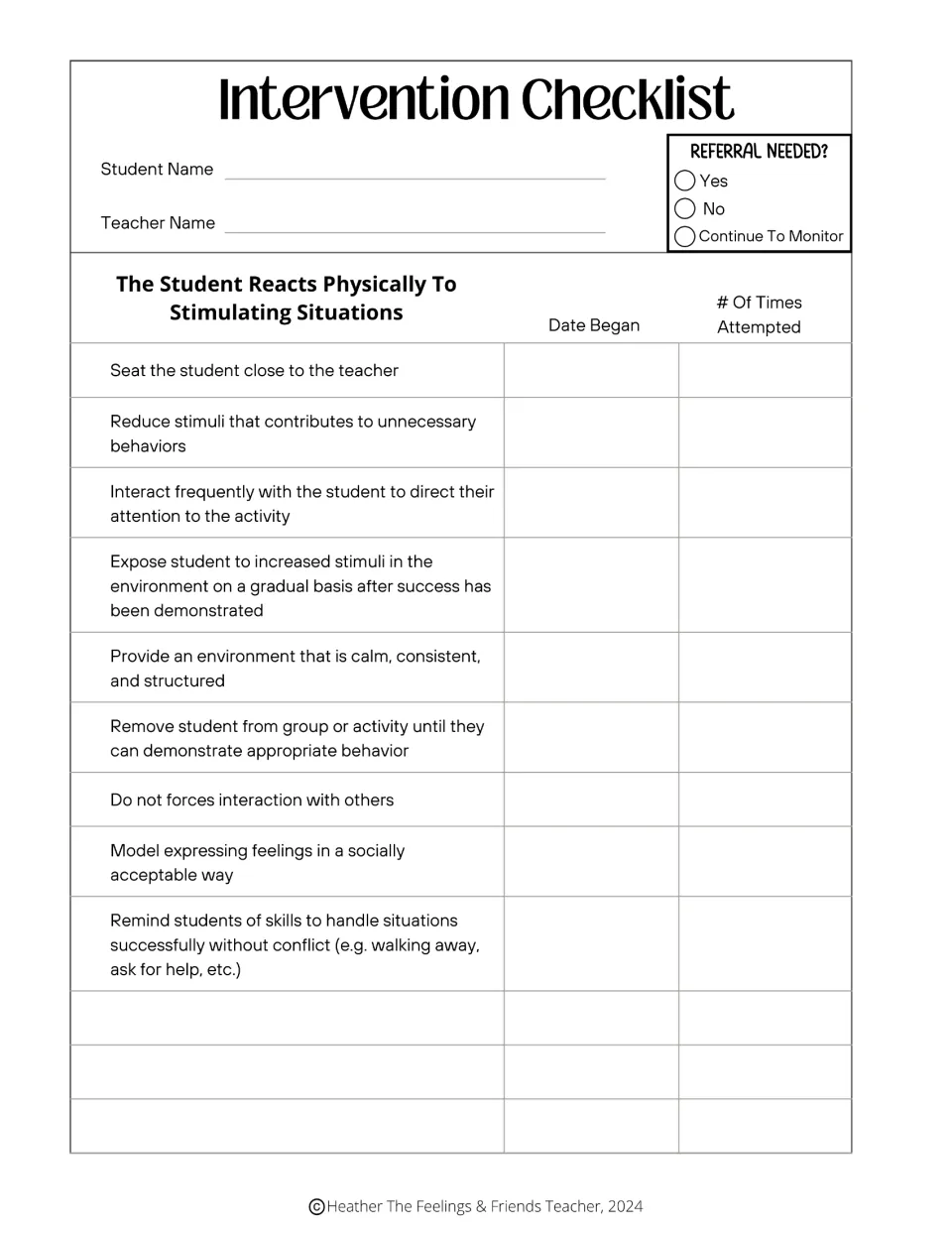 Physical reactions to stimulation: checklist of 9 strategies, such as a calm setting and modeling feelings, to log
