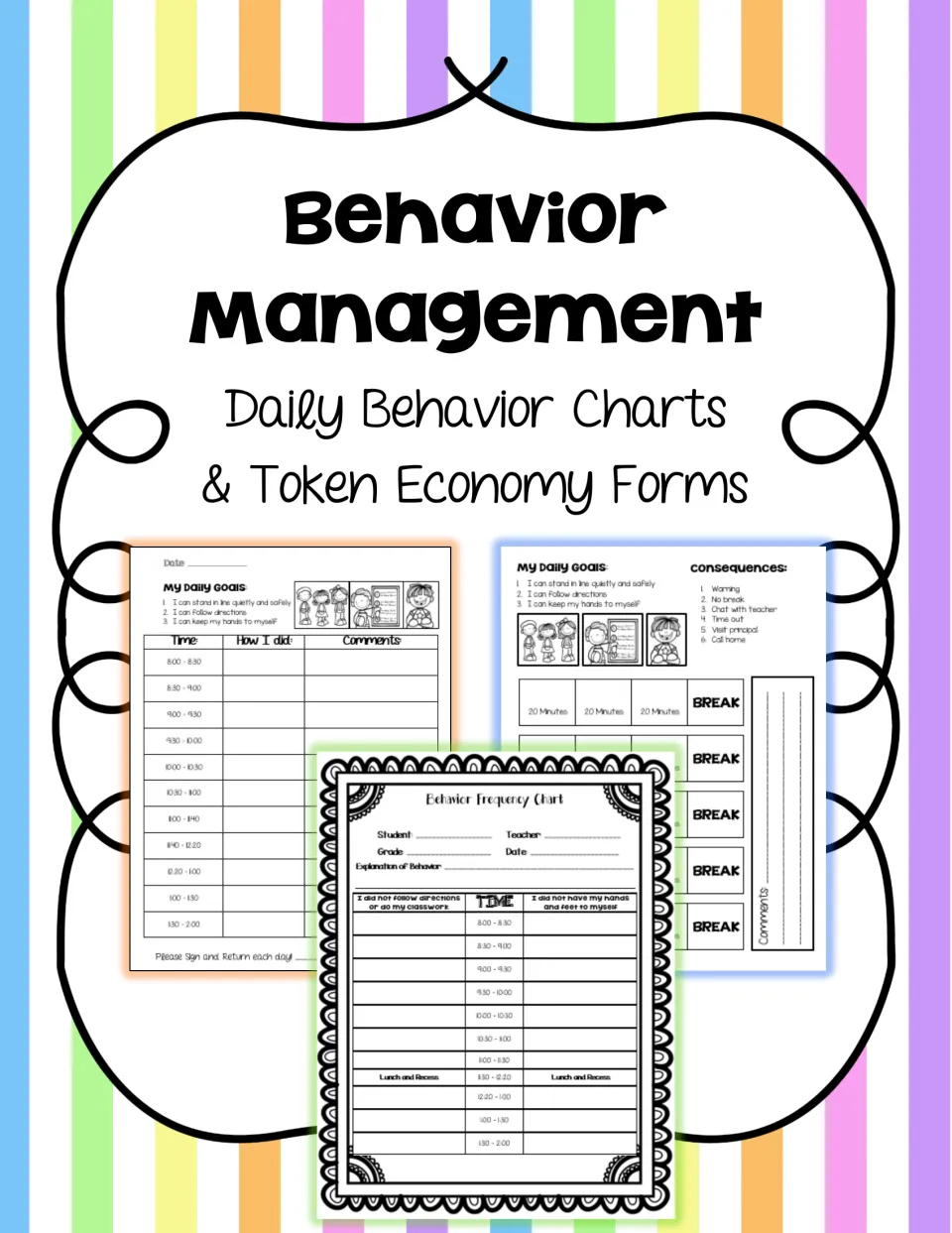 Behavior Management cover: Daily Behavior Charts & Token Economy Forms, previewing a daily goals chart and frequency chart