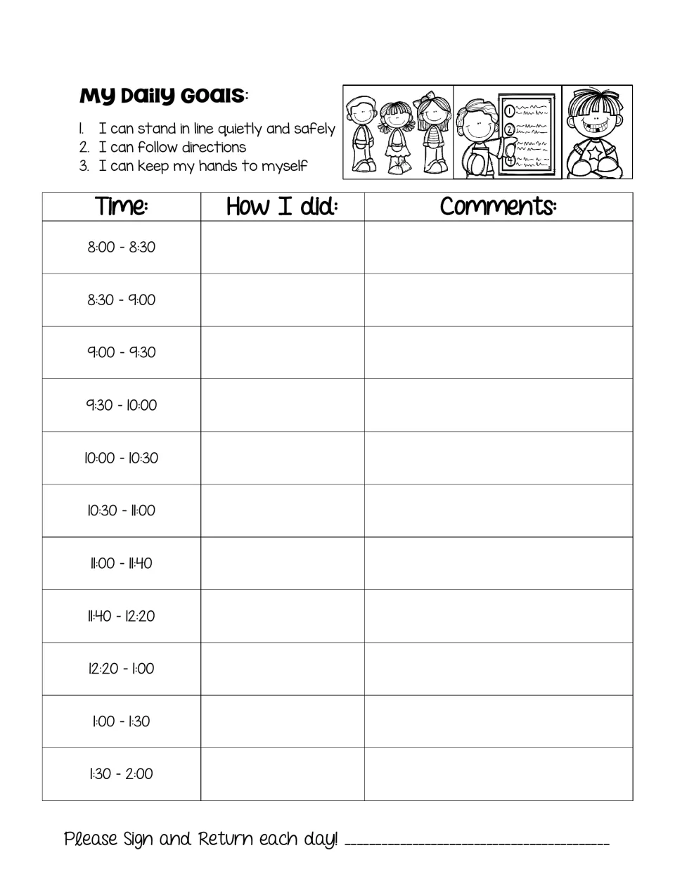 Daily goals chart: three goals such as following directions, rated 'How I did' with comments per time slot, 8:00 to 2:00
