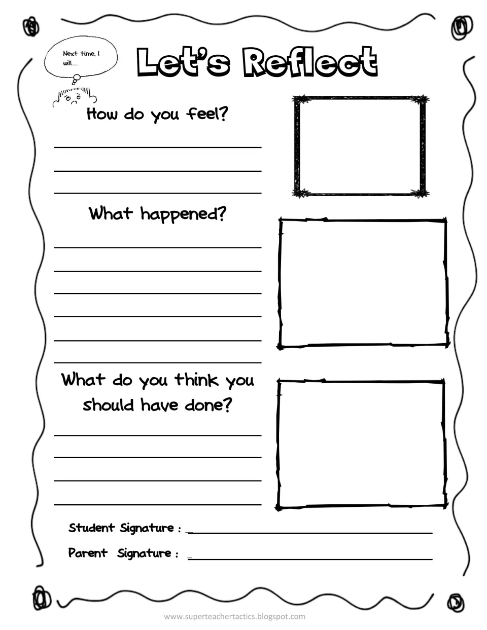 Let's Reflect behavior sheet: students write and draw how they feel, what happened and what they should have done