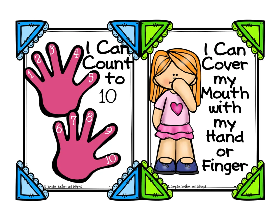 Two calling-out strategy cards: I Can Count to 10 with numbered pink hands, and I Can Cover my Mouth with a girl's hand