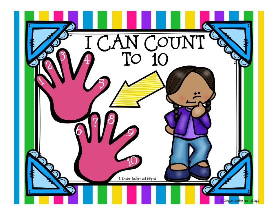 I Can Count to 10 poster: two pink hands with fingers numbered 1 to 10 beside a girl thinking before she speaks