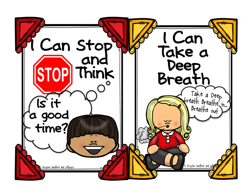 Two strategy cards: I Can Stop and Think with a stop sign asking Is it a good time?, and I Can Take a Deep Breath