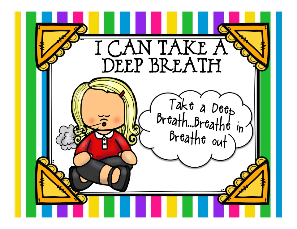 I Can Take a Deep Breath poster: a seated girl exhales by a bubble reading Take a Deep Breath...Breathe in, Breathe out