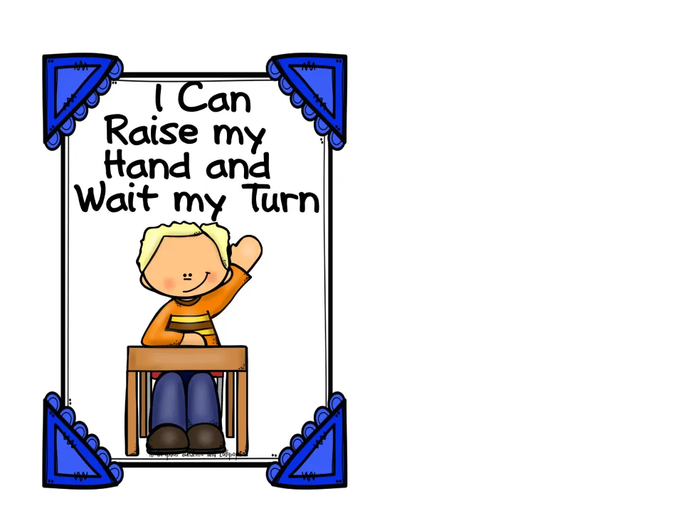 I Can Raise my Hand and Wait my Turn strategy card showing a smiling boy at a desk with one hand raised to speak