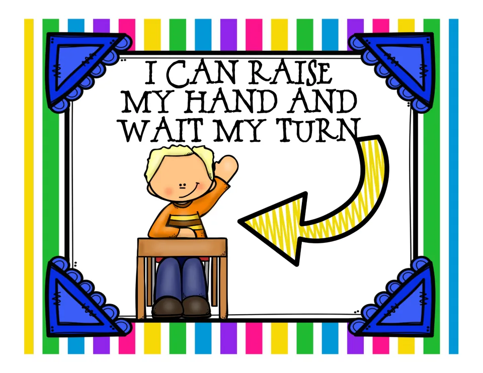 I Can Raise My Hand and Wait My Turn poster: a boy seated at a desk raises his hand, with a curved arrow pointing to him