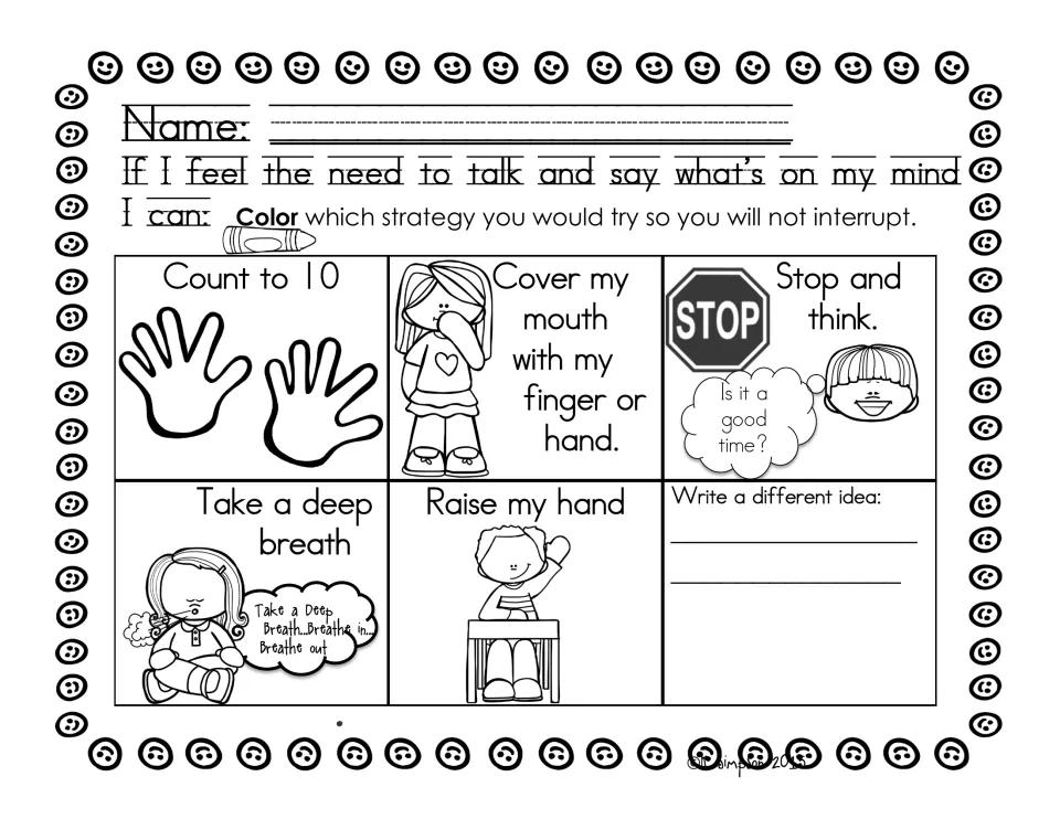 Strategy choice sheet: students color the strategy they would try instead of interrupting, such as counting to 10