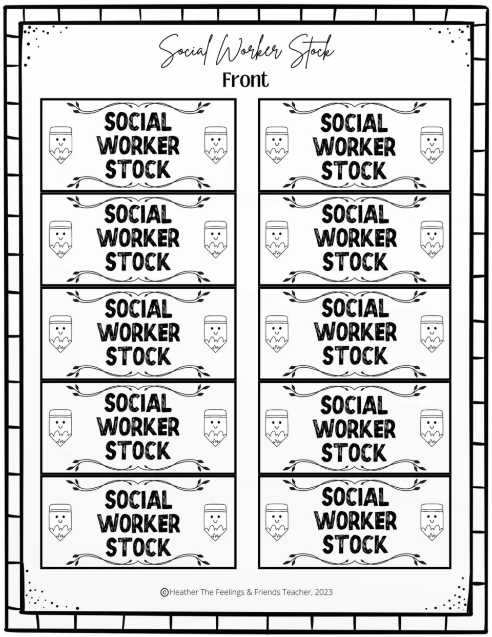 Ten matching Social Worker Stock token fronts for the behavior reward system, each labeled Social Worker Stock
