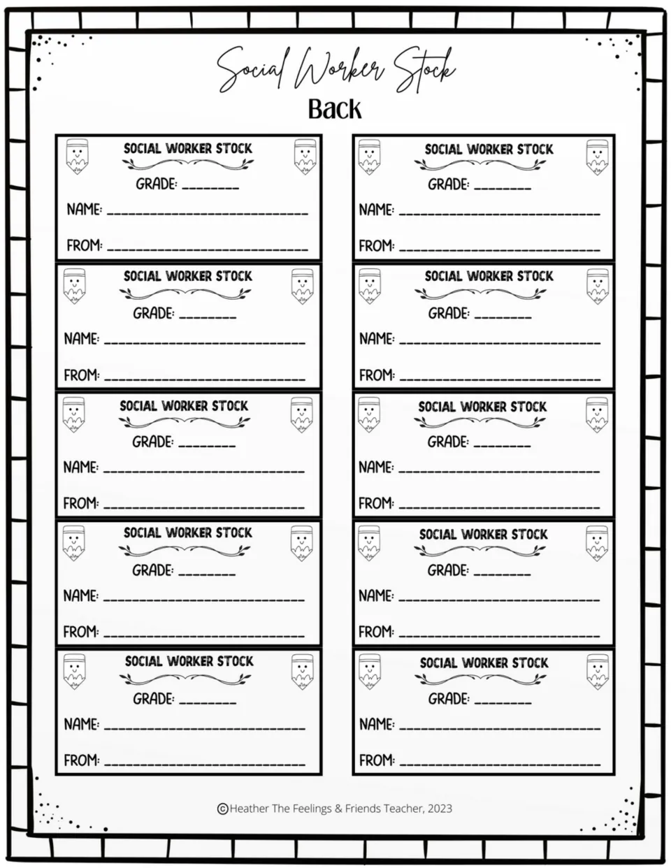 Ten Social Worker Stock token backs, each with spaces for the student's grade, name, and who issued it