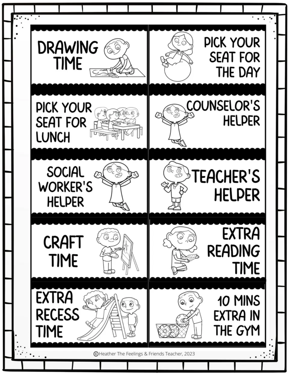Reward coupons 1–10 include drawing time, seat choices, helper roles, craft time, reading, recess, and gym time