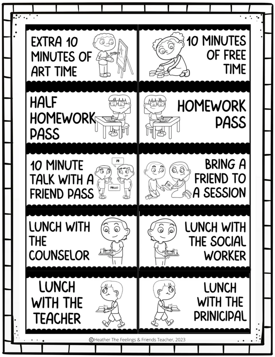 Reward coupons 11–20 include art time, free time, homework passes, friend time, and lunch with school staff