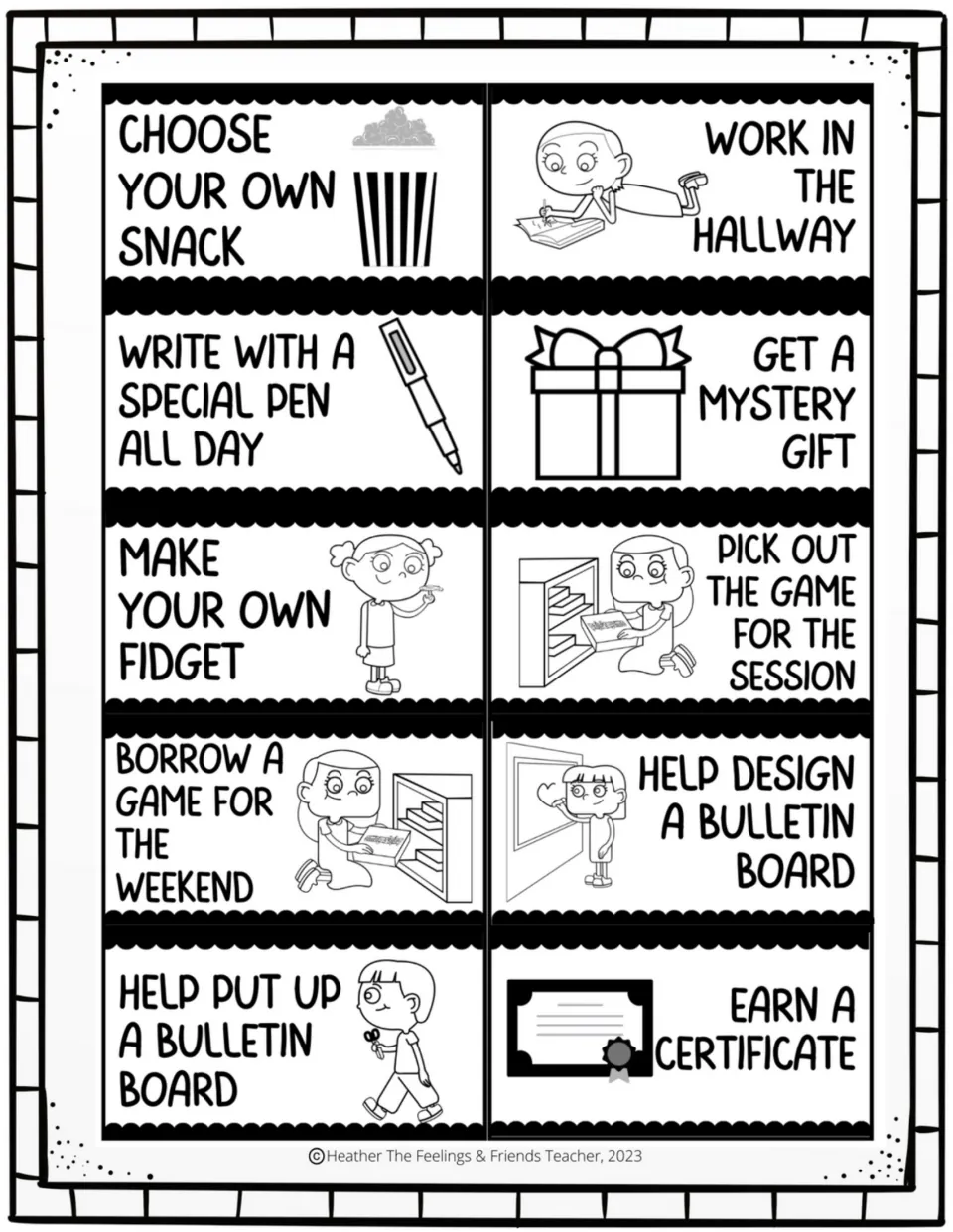 Reward coupons 21–30 include snack choice, a special pen, a mystery gift, fidget making, and bulletin board help