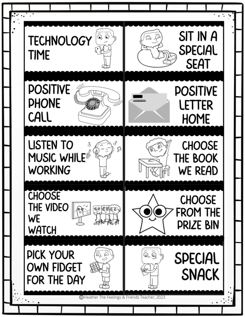 Reward coupons 31–40 include technology time, a special seat, positive contact home, music, and prize choices