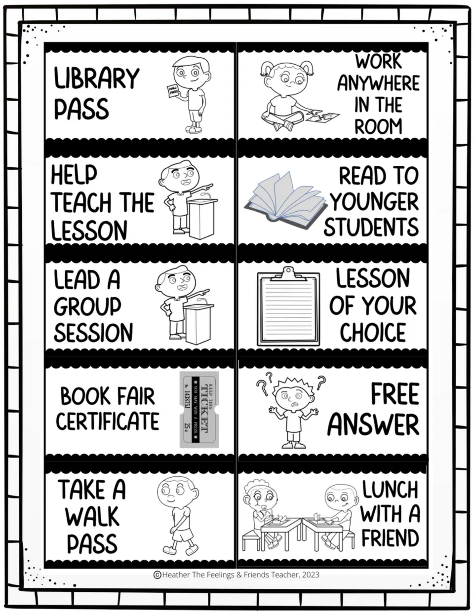 Reward coupons 41–50 include a library pass, lesson leadership, reading to younger students, and a walk pass