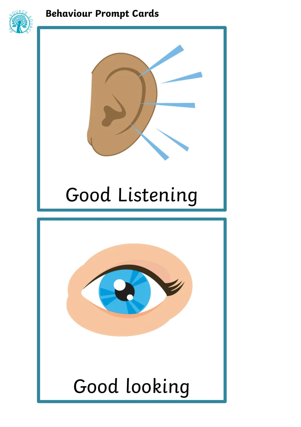 Two visual behaviour cards: an ear with sound lines labeled Good Listening and a blue eye labeled Good looking