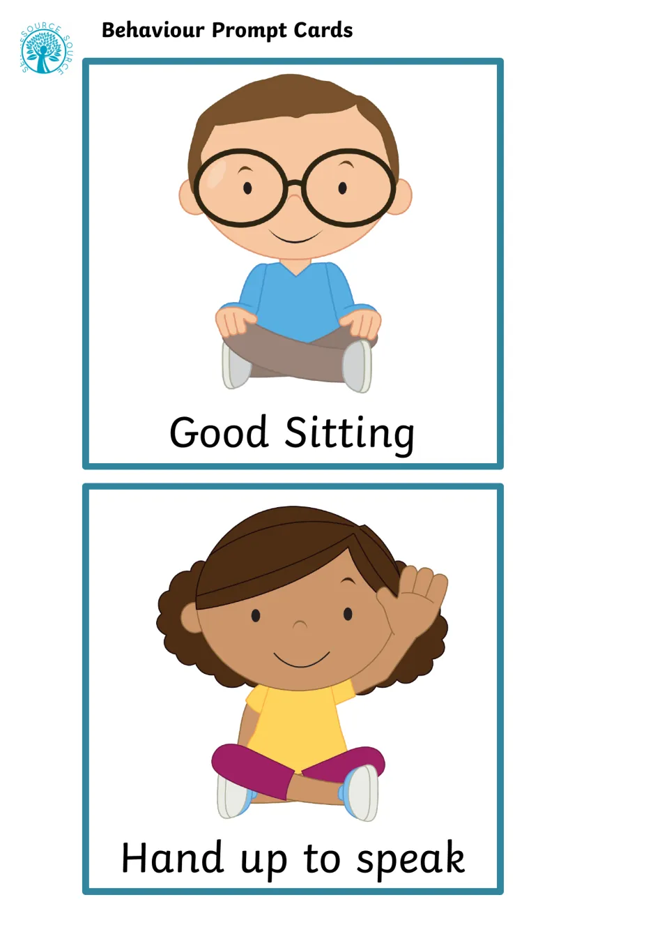 Visual cues for sitting and speaking: a cross-legged boy labeled Good Sitting and a girl raising her hand to speak