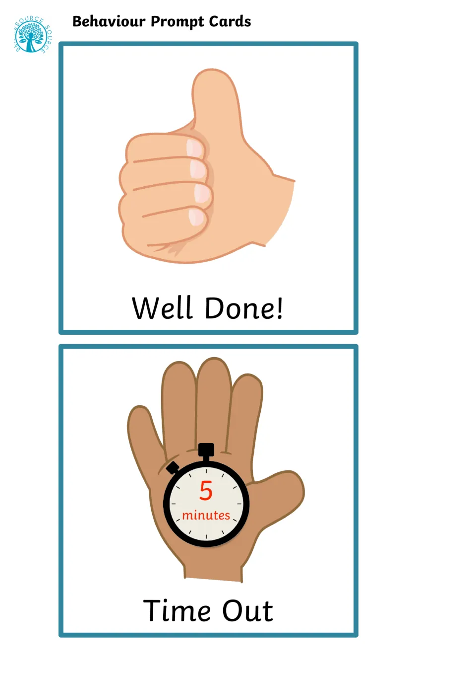 Praise and consequence cards: a thumbs-up labeled Well Done! and a raised hand with a 5 minutes timer labeled Time Out