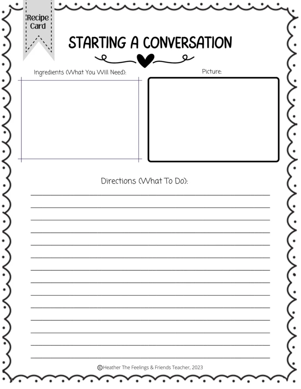Starting a conversation recipe card: students list the ingredients, draw a picture and write step-by-step directions