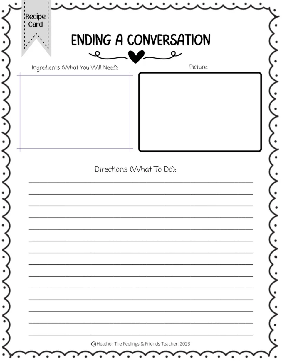 Ending a conversation recipe card: students list ingredients, draw a picture and explain how to politely close a talk