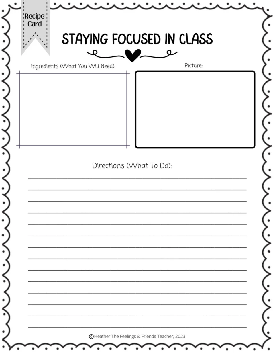 Staying focused in class recipe card: students list what they need, draw it and write directions for paying attention