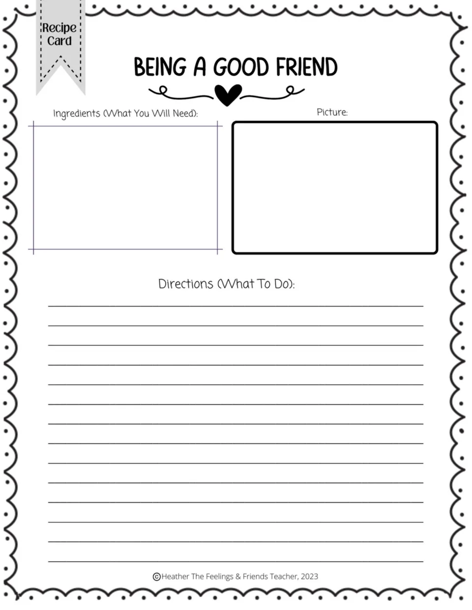 Being a good friend recipe card: students list the qualities needed, draw a picture and write how to be a kind friend