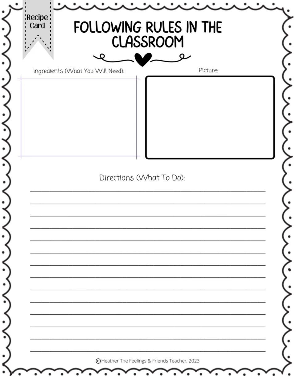 Following rules in the classroom recipe card: students list ingredients, draw a picture and write steps to follow