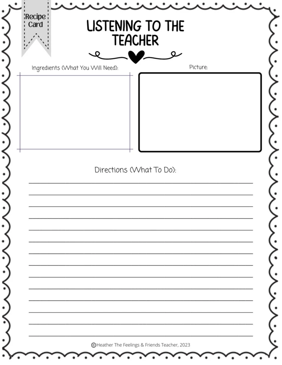 Listening to the teacher recipe card: students list what good listening needs, draw it and write the steps to follow