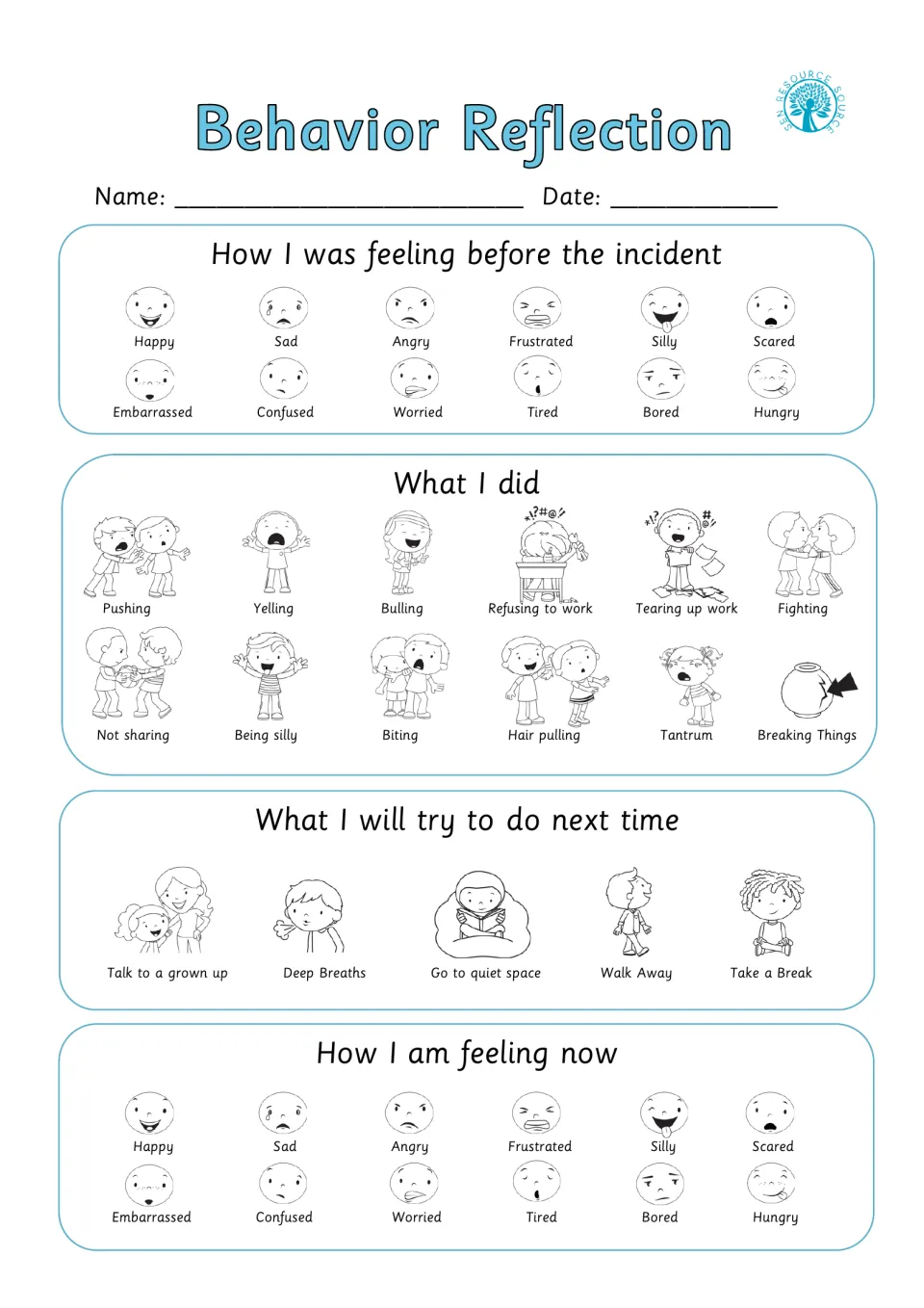 Incident reflection: students pick feelings before, what they did, a calming strategy for next time, and feelings now