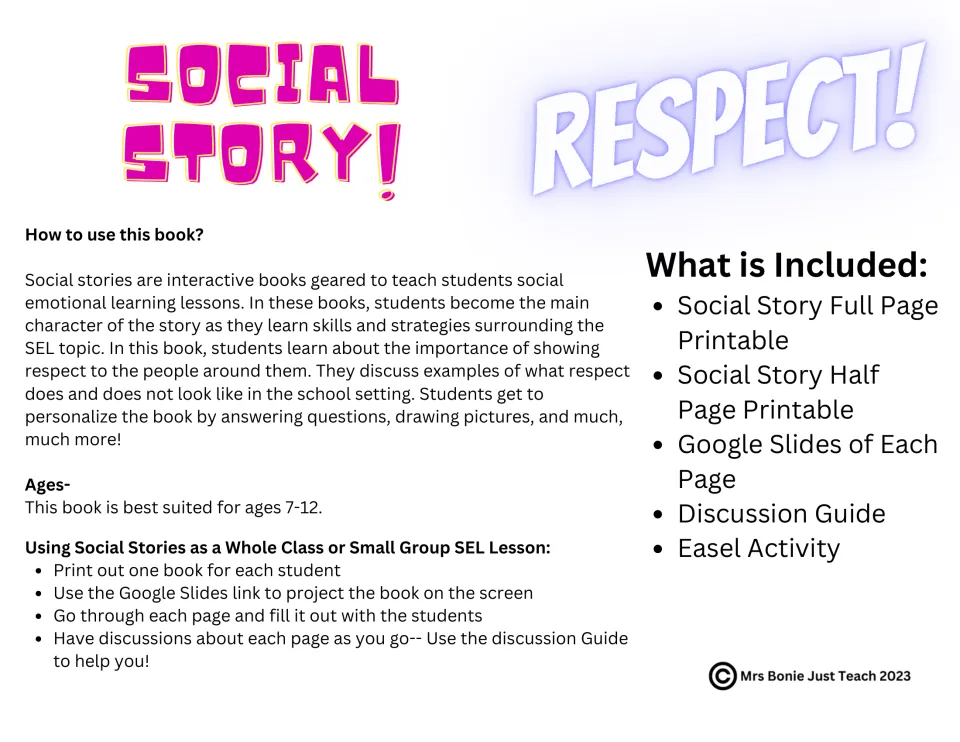 Teacher introduction to the respect social story: ages 7–12, included formats, and whole-class lesson steps