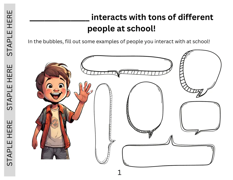 Social story page 1 asks students to name people they interact with at school and add their own name