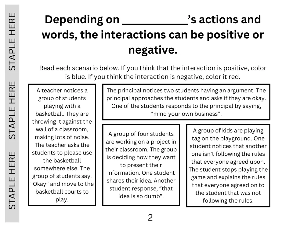 Social story page 2 asks students to color four school interactions blue for positive or red for negative