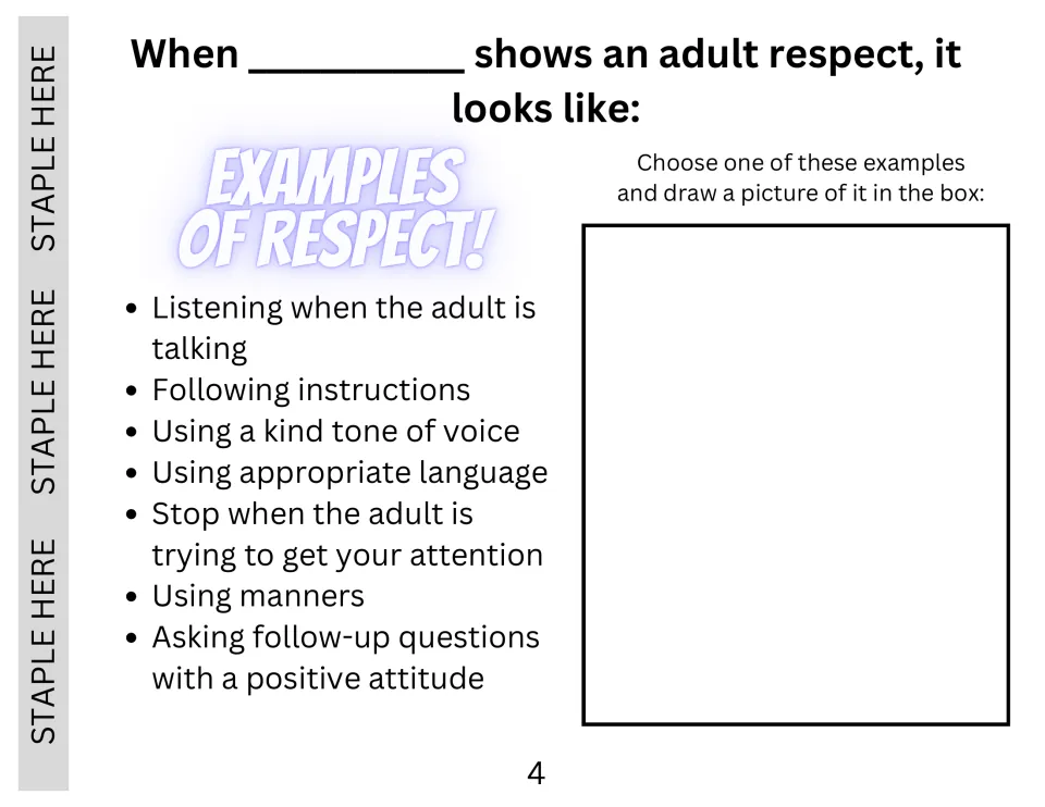 Social story page 4 lists seven ways to respect adults and asks students to draw one of the examples