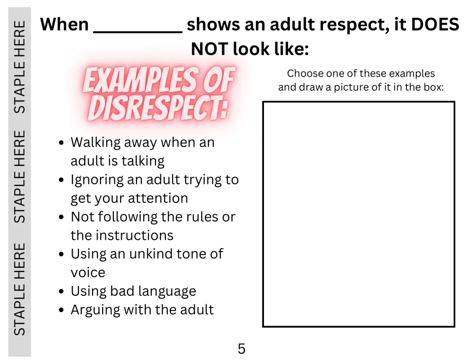 Social story page 5 lists six examples of disrespect toward adults and asks students to draw one example