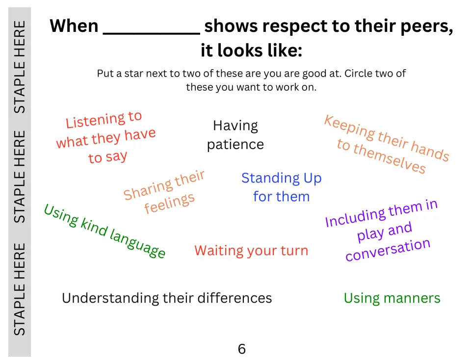 Social story page 6 lists ten ways to respect peers; students star two strengths and circle two to work on