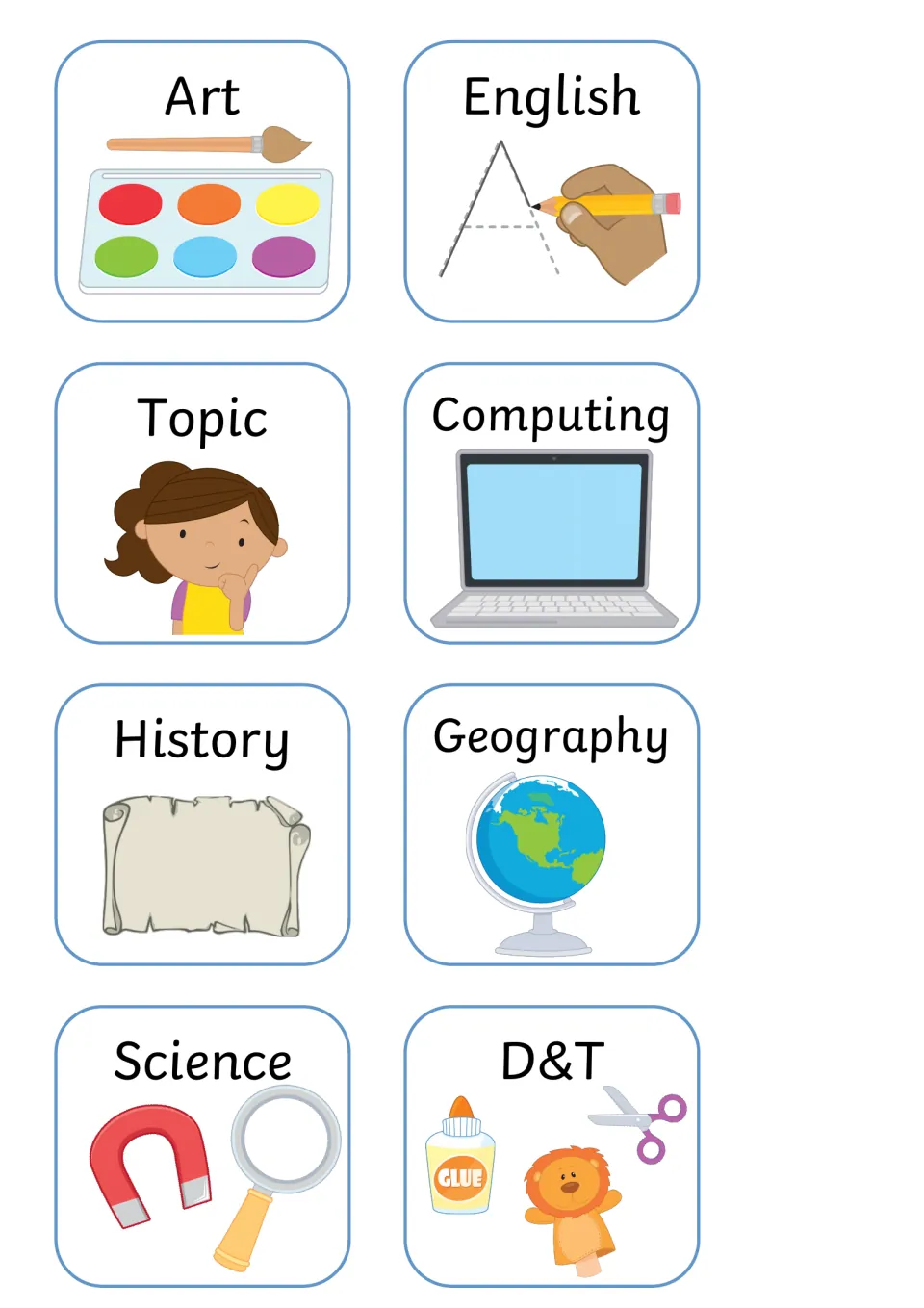 Subject picture cards: Art, English, Topic, Computing, History, Geography, Science and D&T, each with a matching icon
