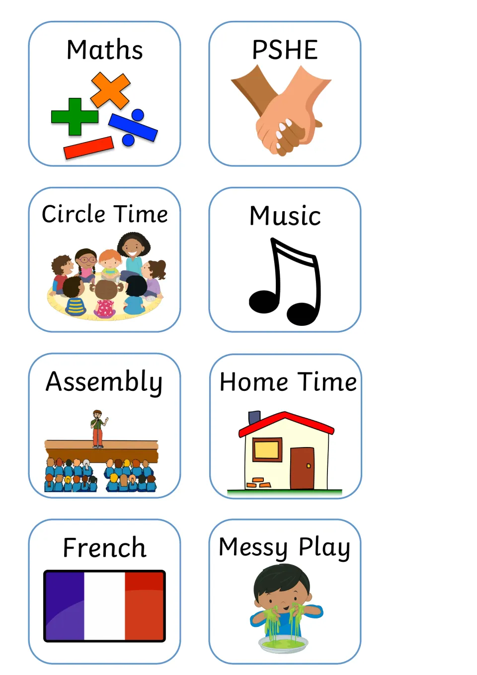 Lesson and routine picture cards: Maths, PSHE, Circle Time, Music, Assembly, Home Time, French and Messy Play