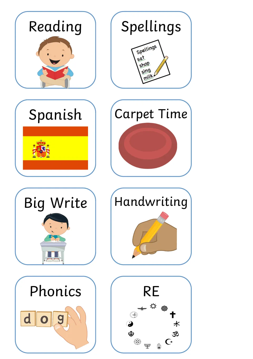 Literacy and language picture cards: Reading, Spellings, Spanish, Carpet Time, Big Write, Handwriting, Phonics and RE