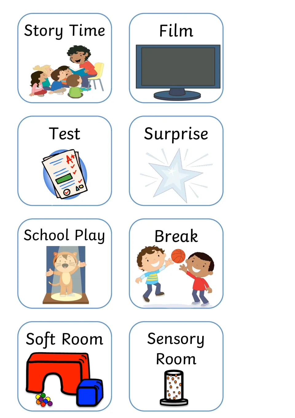 Activity and place picture cards: Story Time, Film, Test, Surprise, School Play, Break, Soft Room and Sensory Room