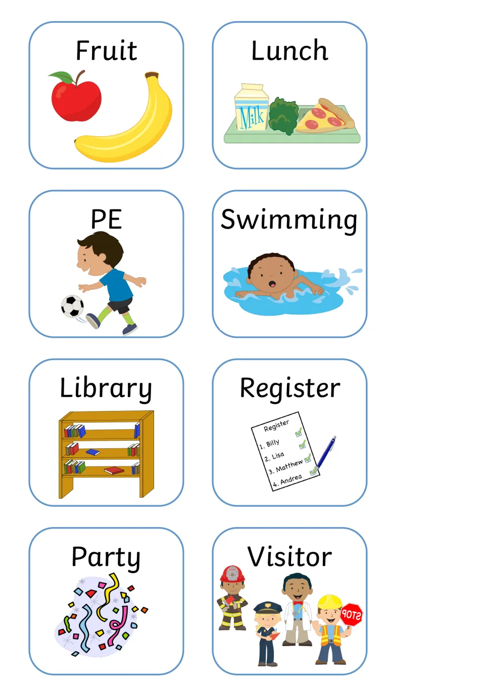 Daily event picture cards: Fruit, Lunch, PE, Swimming, Library, Register, Party and Visitor, each with an icon