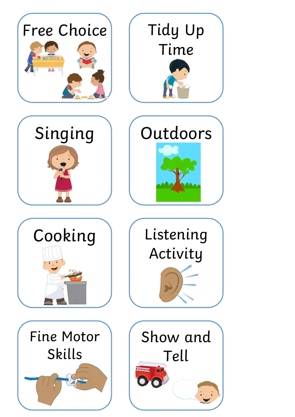Cards: Free Choice, Tidy Up Time, Singing, Outdoors, Cooking, Listening Activity, Fine Motor Skills, Show and Tell