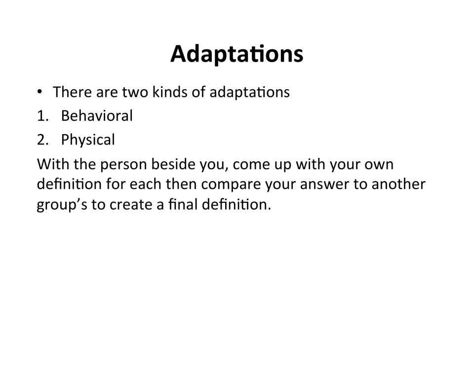 Adaptations pair task: partners write definitions of behavioral and physical, then compare with another group